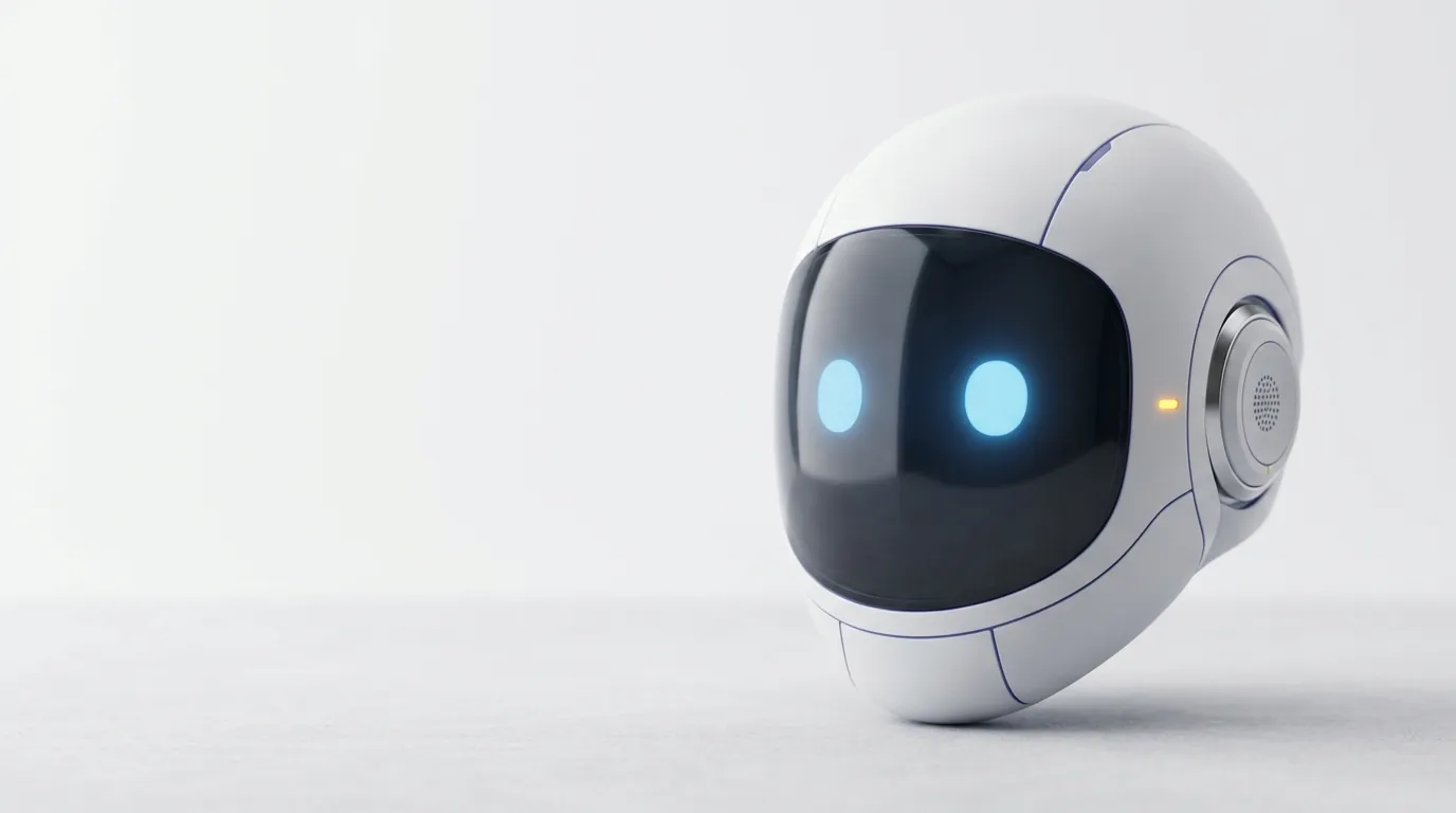 A white robot head with a dark visor and two glowing blue eyes