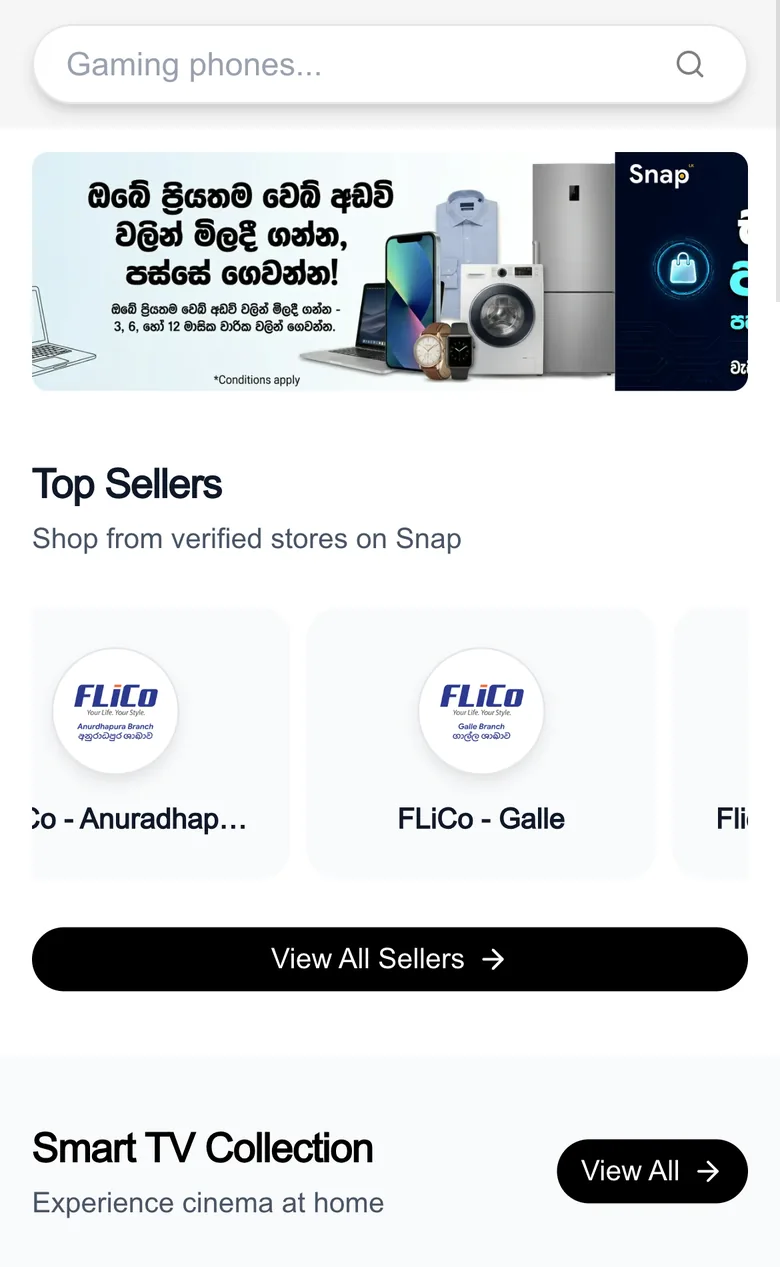 The Snap home screen with search, offers and top sellers